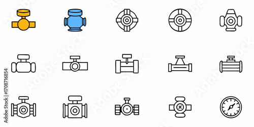 Modern industrial valves and gauges icons for engineering, plumbing, and manufacturing projects, representing flow control and system monitoring with clean, professional design elements.
