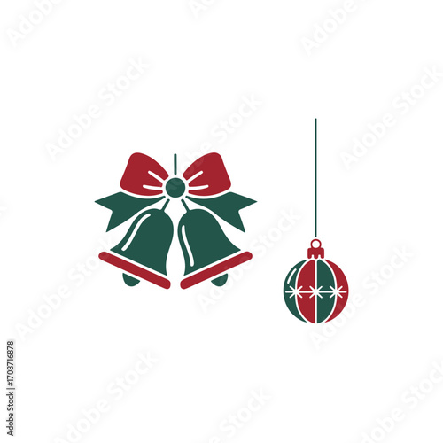 Festive Christmas Bells and Ornament Vector Graphic.This simple vector graphic features a pair of Christmas bells with a red ribbon and a hanging Christmas ornament.