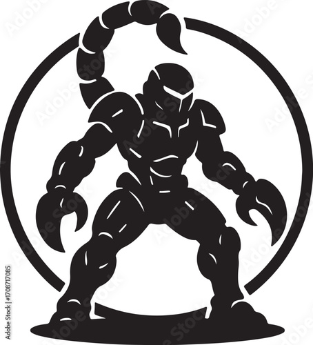 Futuristic Robo Scorpion Silhouette Mascot Logo with Cyber Armor for Esports and High-Tech Combat Branding