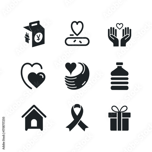Collection of charity and donation icons showing support and kindness for various causes