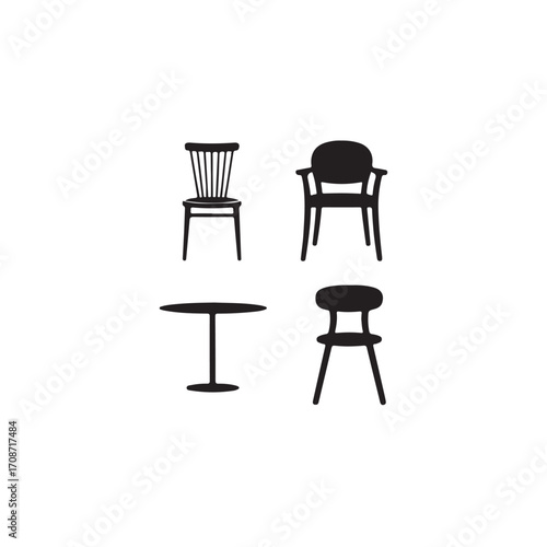 Vector Illustration of Various Modern Furniture Pieces.Simple, clean vector silhouettes of a dining chair, an armchair, and a small round table.