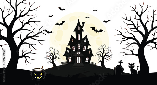 Spooky haunted house silhouetted against a full moon with bats flying and spooky trees.