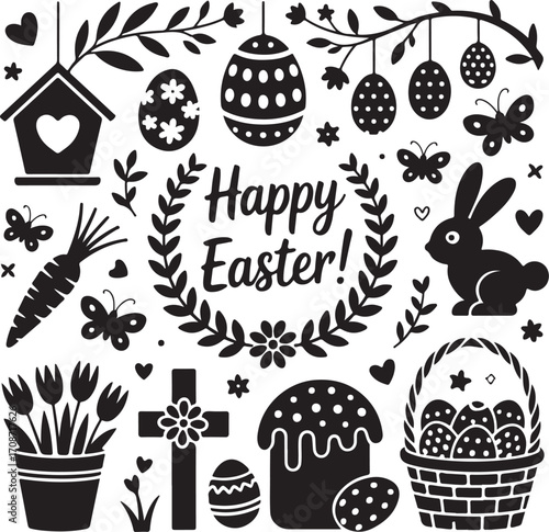A black and white easter themed design with eggs, bunny, flowers, and other holiday elements silhouette