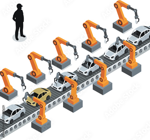 Automated factory: robotic arms assemble a car on an assembly line. A lone worker in the shadows symbolizes the replacement of human labor with artificial intelligence and automation.