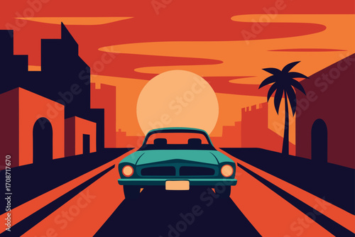 A fast automobile drives on a city highway, creating a blur of motion in the traffic