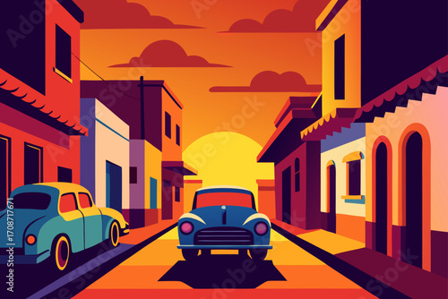 Old cartoon taxi on an urban street with city traffic and architecture