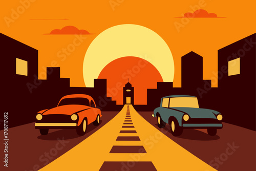 An illustrated vector design of a yellow taxi on an urban street with city buildings at night