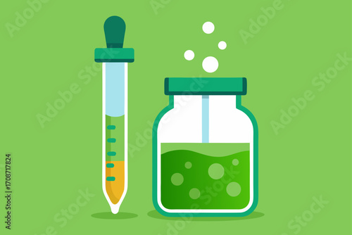 Vector illustration set of green herbal medicine bottle and glass of liquid for health and medical icon design