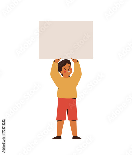 Happy school boy holds empty poster over head.  Child with blank paper bill. Cheerful elementary kid with board. Vector illustration