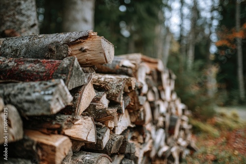Wallpaper Mural Stacks of freshly cut firewood in a serene forest during autumn days Torontodigital.ca