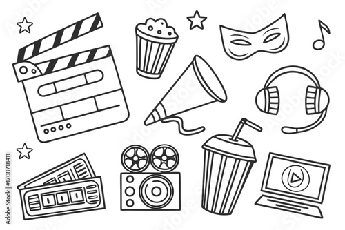A collection of movie themed doodles featuring film clapboard, popcorn, tickets and other cinema items on transparent background