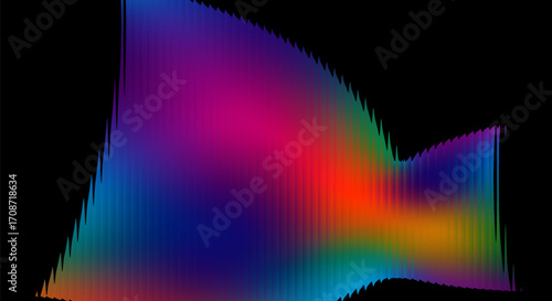 Futuristic shape with a vibrant gradient and vertical ribbed texture, digital data visualization or sound wave on a black background, for technology, data, music.