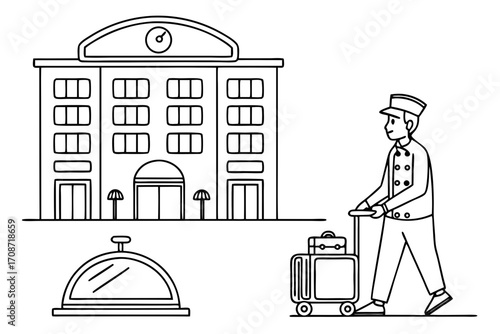 Illustration of a hotel building with bellhop pushing luggage near a bell and umbrella stands outside on transparent background
