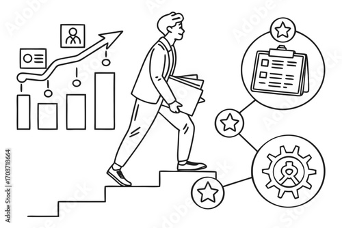Man in suit climbing stairs with charts and gears representing career growth and development process on transparent background