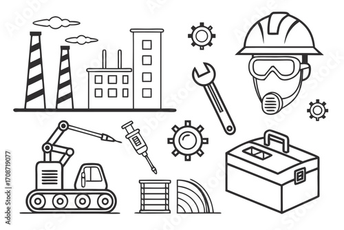Illustration showing factory with smokestacks, construction vehicle, toolbox, and worker with safety gear on transparent background