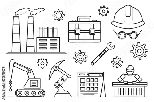 Outline vector illustration of industrial symbols including factory, robot, tools and worker icons on transparent background