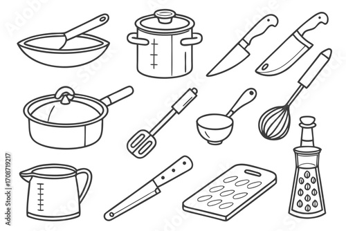 Illustration of various kitchen utensils including pots pans knives and other cooking related equipment items on transparent background