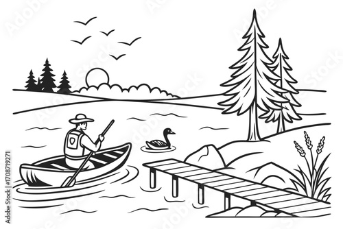 A person in a canoe on a lake with a duck, trees, a dock, birds, and the sun in a black and white illustration on transparent background