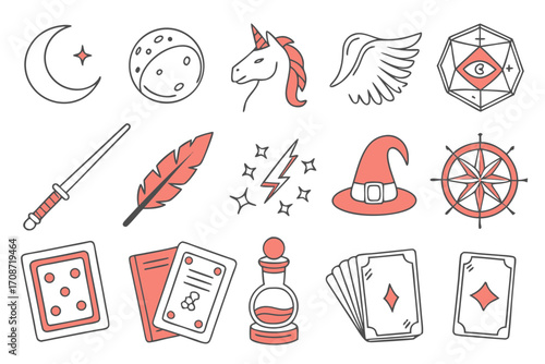 Illustration featuring a crescent moon, planet, unicorn, wing, magic symbol, sword, feather, and more icons on transparent background