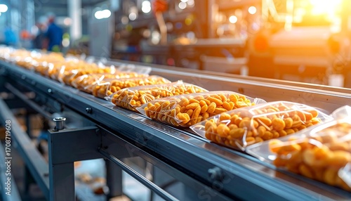 A close-up of a conveyor belt with transparent bags filled with nuts moving through a factory. Warm sunlight streams in