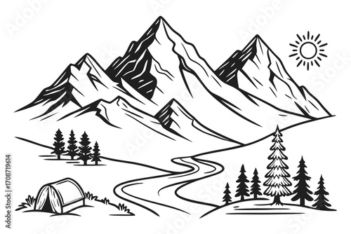 Illustration of mountain range with tent, trees, winding river, and sun in a black and white landscape view on transparent background