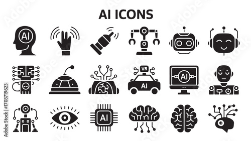 Ai technology icons set vector illustration artificial intelligence robots and machine learning concept 100
