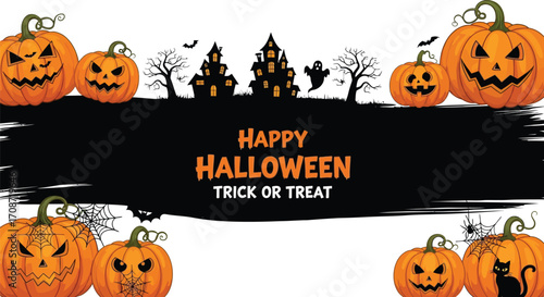 Spooky Halloween pumpkins and haunted houses create a festive, fun atmosphere for trick or treat celebrations.