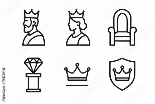 Regal minimal icons set, black line vector, ceremonial and elegant
