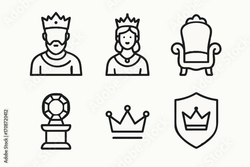 Regal minimal icons set, black line vector, ceremonial and elegant