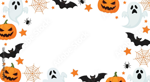 Whimsical Halloween border with playful ghosts, pumpkins, bats, and spiders