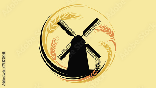 Traditional windmill silhouette surrounded by wheat stalks makes a rustic, charming design element
