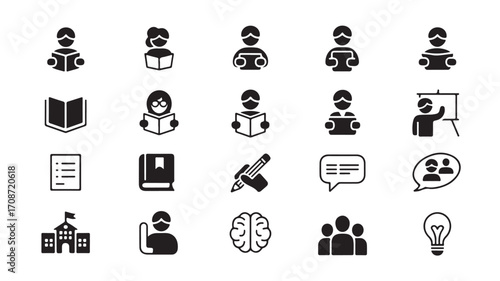 Education learning knowledge study reading school university student icons vector illustration set