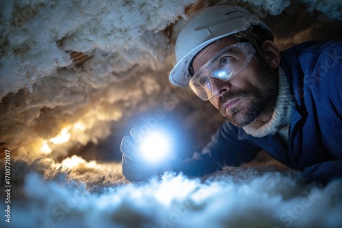Man inspecting attic insulation with flashlight during home renovation project in the evening