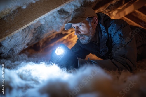 Man inspecting attic with flashlight during evening, focused on hidden areas and possible issues