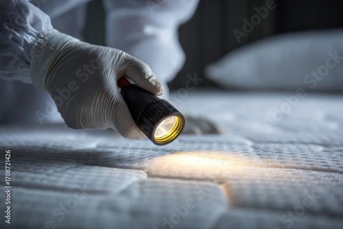 Detecting bed bugs with a flashlight in a residential bedroom during a pest control inspection