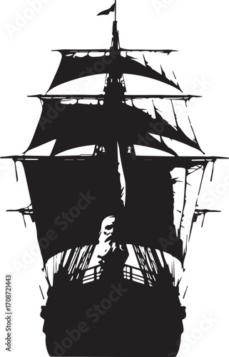 Silhouette of a majestic sailing ship with full sails against a white background