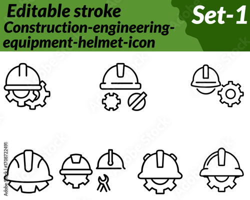 Construction-engineering-equipment-helmet set line icon. character designed in a bold vector style featuring a safety helmet. paired with essential tools like a wrench ruler blueprint Can be combined.
