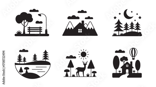 Nature landscape icons vector set outdoor park mountain lake forest night deer house balloon 100