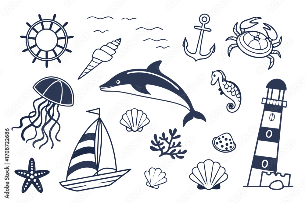 Naklejka premium Illustration of nautical elements including a dolphin, sailboat, and lighthouse in a doodle style on transparent background
