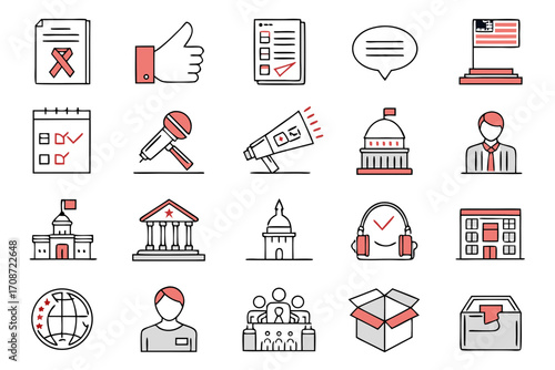 Illustration featuring election and political themed icons including buildings and people in color on transparent background