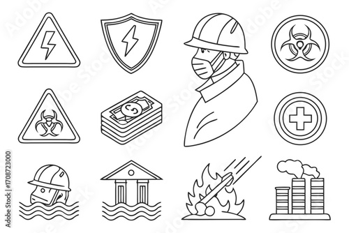 Illustration of hazards risks and safety measures including electrical biohazard flood fire and health care on transparent background