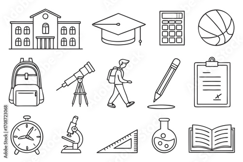 Outline drawing of school building, graduation cap, calculator, basketball, backpack, telescope, and student on transparent background