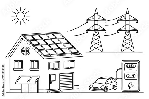 Illustration of a house with solar panels, electric car charging, power lines, and sun in black and white on transparent background