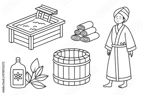 Illustration of a woman in a robe, towels, wooden tubs, and a bottle with leaves for spa and wellness theme on transparent background