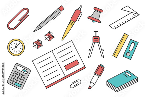Illustration of assorted stationery items including a calculator clock and writing utensils spread out on transparent background