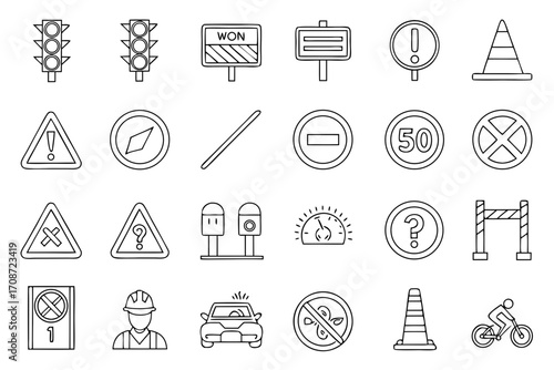 Illustration of various traffic and road signs including traffic lights, warning signs, and speed limits on transparent background