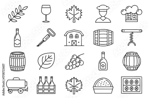 Outlined icons depicting winemaking and wine related elements on a white background in a vector format on transparent background