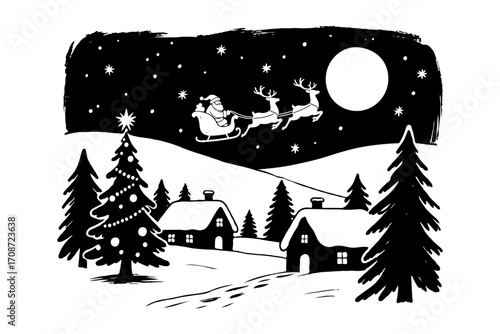 Santa Claus flies in sleigh pulled by reindeer over snowy village, hand-drawn style, night background, concept of Christmas holiday magic