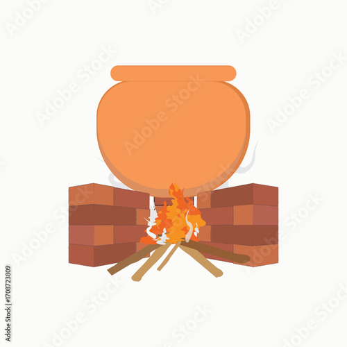 The traditional cooking process uses clay pottery and a wood-burning stove made of red brick.
