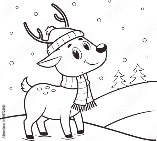 A funny cartoon cow dressed as Santa Claus rides a flying reindeer with a gift